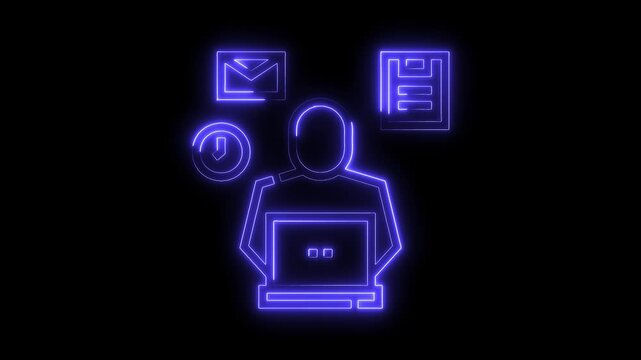 Neon illustration of digital worker focused on tasks with laptop and emails