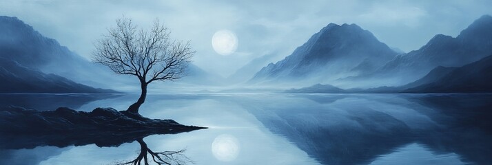 A lone tree stands by still water with mountains and a moon in background.