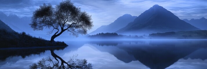 Tree reflected in water with mountains in background under a blue sky.