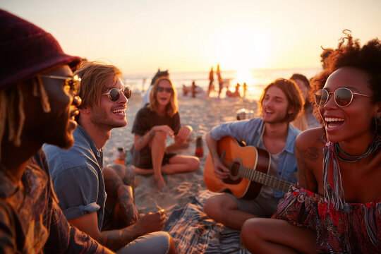 Atardecer mágico con amigos, música y auténticas vibras de libertad. Jóvenes amigos relajados tocando guitarra y riendo al atardecer junto al agua.