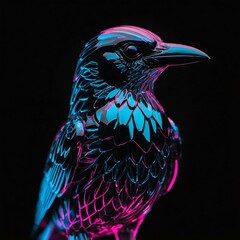 Animal magpie neon outlined glass statue on black background, centered and detailed