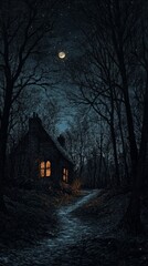 A small house is nestled in a dark forest under a bright moon.