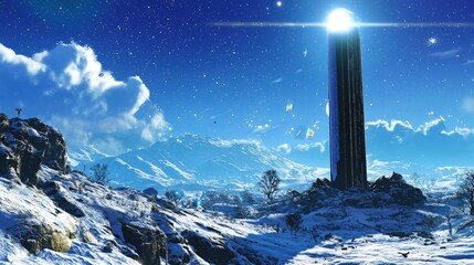 A futuristic structure stands tall against a snowy landscape.