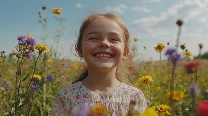 Happy Child in Wildflower Meadow  Summer Joy