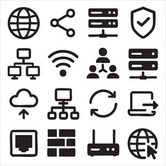 Simple Black and White Network Icons Set for Digital Communication.