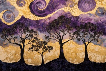Stylized landscape with trees against a swirling purple and gold sky.