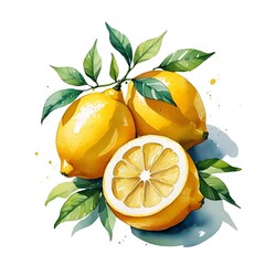 Lemon watercolor illustrated with green leaves