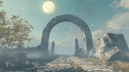 A stone archway leads to an ethereal landscape.