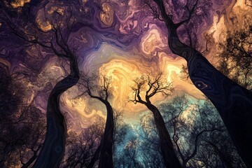 Trees reach up to a colorful swirling sky in a fantasy landscape.