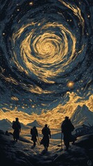 Four figures stand looking at a swirling vortex in the night sky.