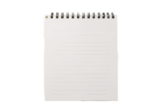 An open notebook with blank pages resting on a transparent background, PNG format.