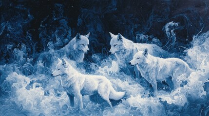 White wolves in a mystical winter landscape.
