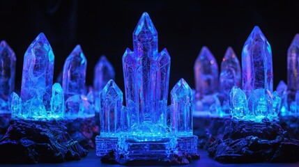 A cluster of glowing, crystalline structures in deep blue light.