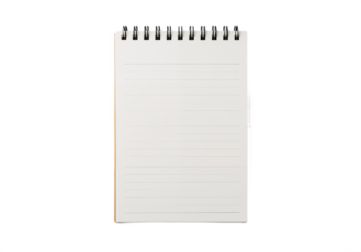 An open notebook with blank pages resting on a transparent background, PNG format.