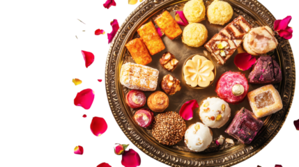 Overhead view of assorted Indian sweets in a decorative brass tray with rose petals scattered isolated on transparent background 