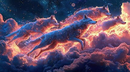 Feral canines in flight through a celestial cloud landscape.