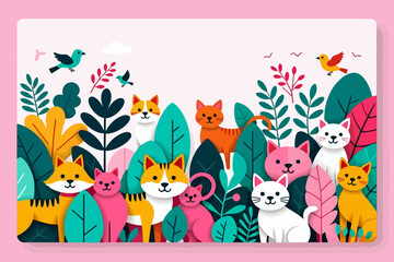 Fototapeta premium Colorful World Day Graphic with Cute Cats and Birds- Playful Illustration for World Day- Vibrant Cat and Bird Design for Fun-themed Projects