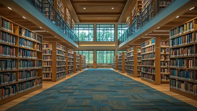 Interior of a modern library with tall bookshelves and large windows for reading and study spaces