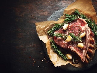 Close-up overhead image of raw steak with bone-in, garnished with rosemary and garlic, laid on a textured slate platter over dark wood