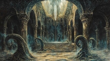 A crumbling gothic interior, filled with organic details.