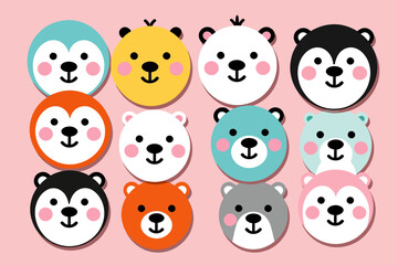 Fototapeta premium Cute Colorful Animal Faces Illustration - Adorable Cartoon Bear Icons - Ideal for Children's Designs - Fun and Playful Graphic Elements for Creative Projects