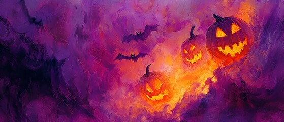 Three halloween pumpkins with bats against a cloudy purple orange background.