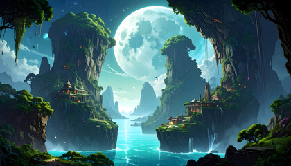 Enchanted Moonlit Isles Fantasy Landscape Digital Painting