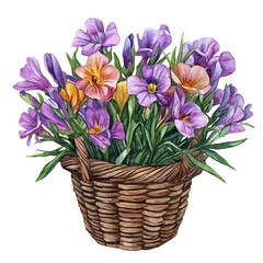 A Freesia Flower Basket, watercolor drawing vector, isolated on a white background.