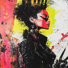 Woman with afro wearing black jacket against abstract colorful background.