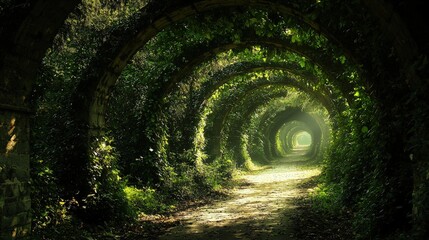 Lush, overgrown archway path leading into a sunlit tunnel.