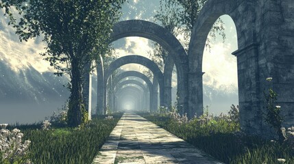 Ancient stone archway pathway leading to a misty horizon.