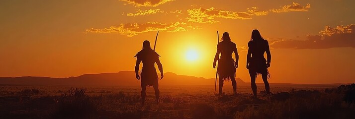 Three figures stand silhouetted against a bright orange sunset in a desert landscape.