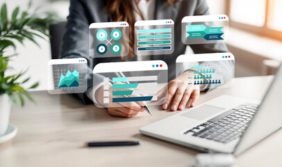 Businesswoman working with data visualization on a computer interface.
