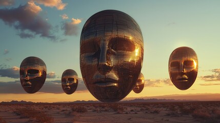 Floating metallic faces in a desert landscape at sunset.