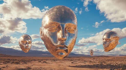 Floating metallic heads in a desert landscape under a cloudy sky.