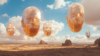 Floating golden heads in a desert landscape under a vibrant sky.