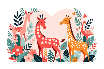 Obraz premium Giraffes and Flamingo in a Tropical Paradise Illustration- Playful Animal Art for Kids- Cute Safari Animals with Heart Shapes and Flowers- Ideal for Nursery Decor