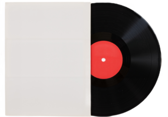 A close-up of a vinyl record displaying a distinct red spot on the front.