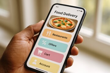 Hand holding smartphone with food delivery app interface displayed