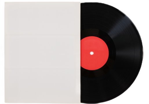 A close-up of a vinyl record displaying a distinct red spot on the front.