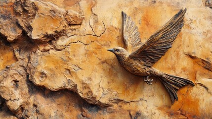 Bird carving in stone wall with wings spread in flight.
