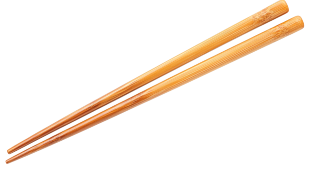 Pair of bamboo chopsticks holding salmon nigiri sushi isolated on transparent background