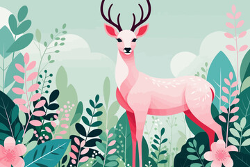 Pink Deer in a Lush Forest Illustration- Whimsical Animal Art with Pastel Colors- Nature Inspired Graphic Design for Children- Cute Deer Artwork with Foliage