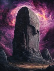 Stone monolith stands against a purple nebula sky in a surreal landscape.