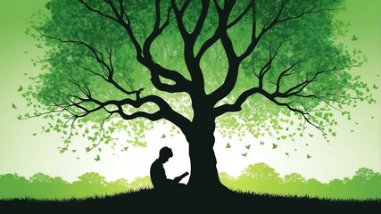 green themed spring time silhouette of a person reading a book under the tree background