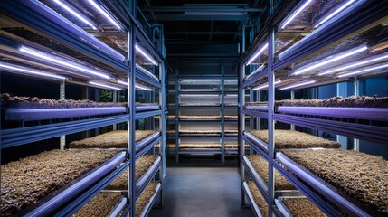 Indoor farm showcasing advanced hydroponic systems in a controlled environment with LED lighting