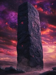 Tall dark monolith stands against a colorful purple and pink sky.