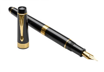 A sleek black and gold fountain pen featuring elegant gold trim.