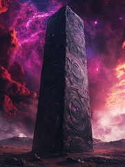 Tall dark monolith stands in a barren landscape under a colorful sky.