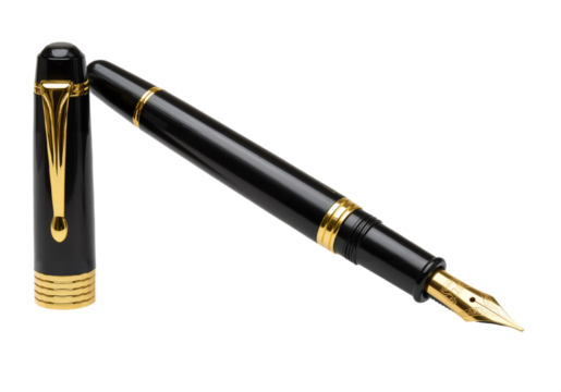 A sleek black and gold fountain pen featuring elegant gold trim.